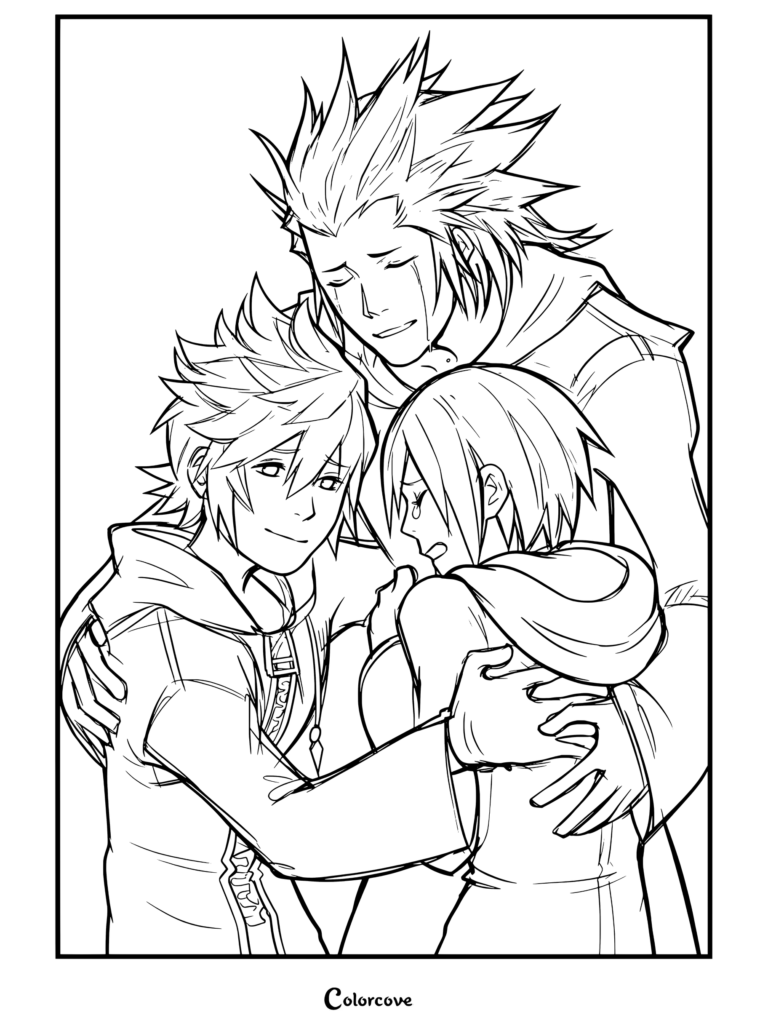 Dibujo para colorear de Kingdom Hearts con Roxas, Xion y Axel compartiendo un abrazo emotivo y llorando juntos