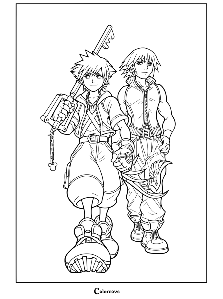 Dibujo para colorear de Kingdom Hearts con Sora y Riku juntos tomados de la mano y sosteniendo una Llave Espada