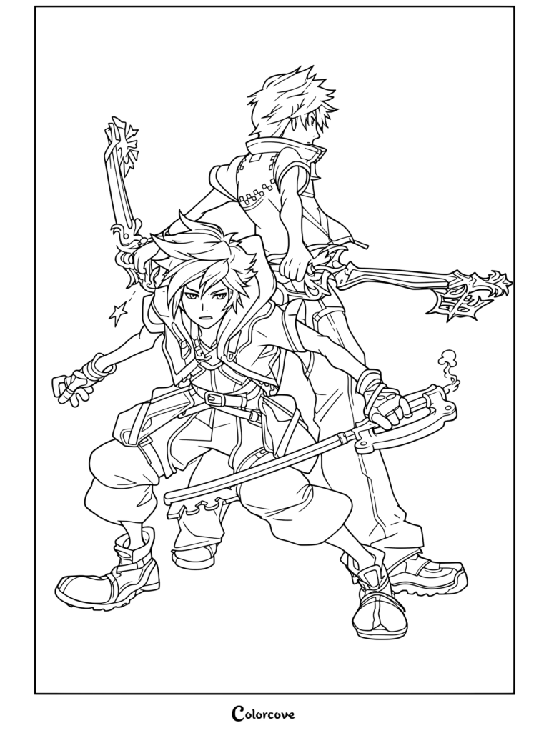 Dibujo para colorear de Kingdom Hearts con Sora y Roxas espalda contra espalda sosteniendo Llaves Espada en posturas listas para el combate
