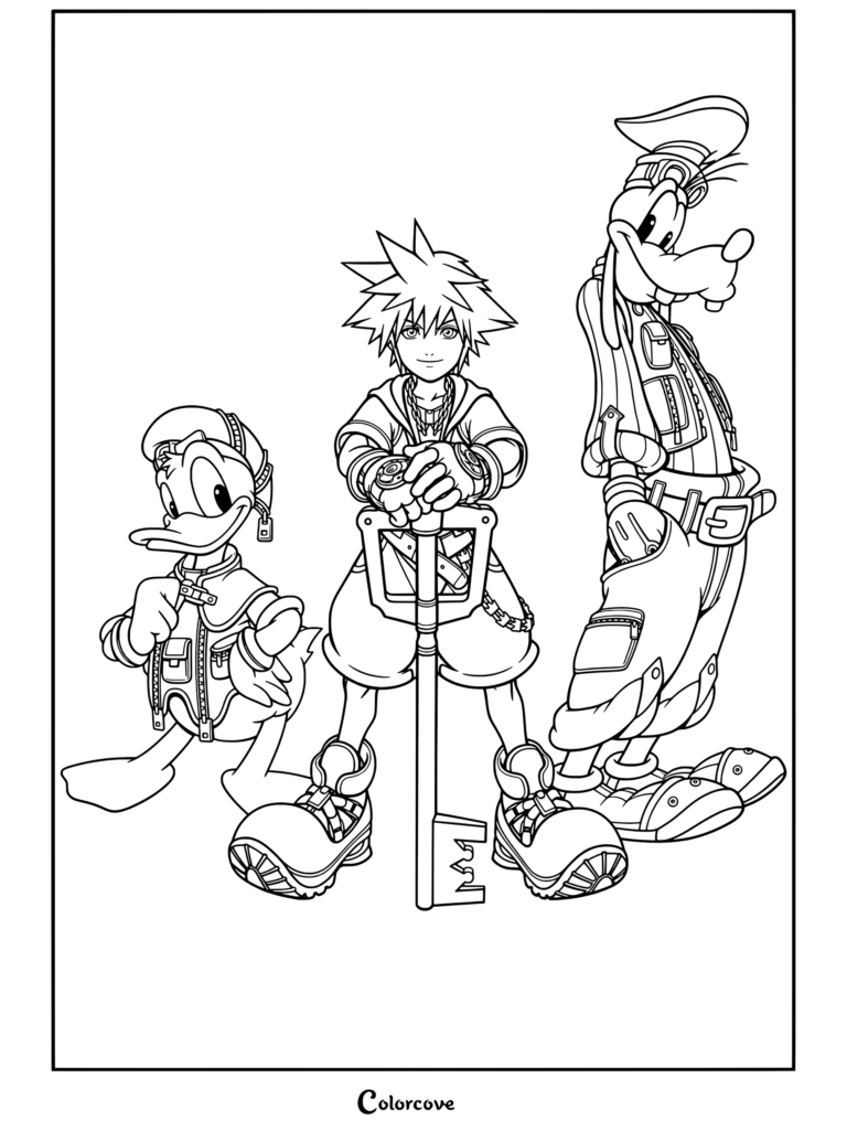 Dibujo para colorear para fans de Kingdom Hearts con Sora, el Pato Donald y Goofy juntos sosteniendo la Llave Espada.