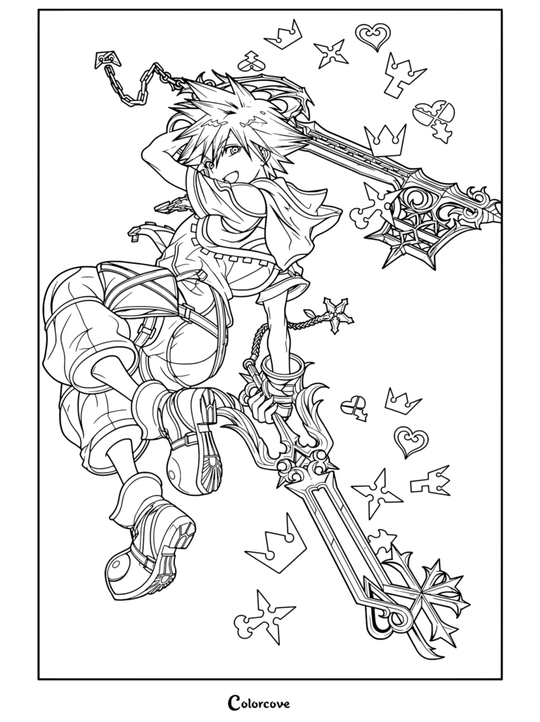 Dibujo para colorear de Sora empuñando dos Llaves Espada flotando con símbolos en su forma de Kingdom Hearts II