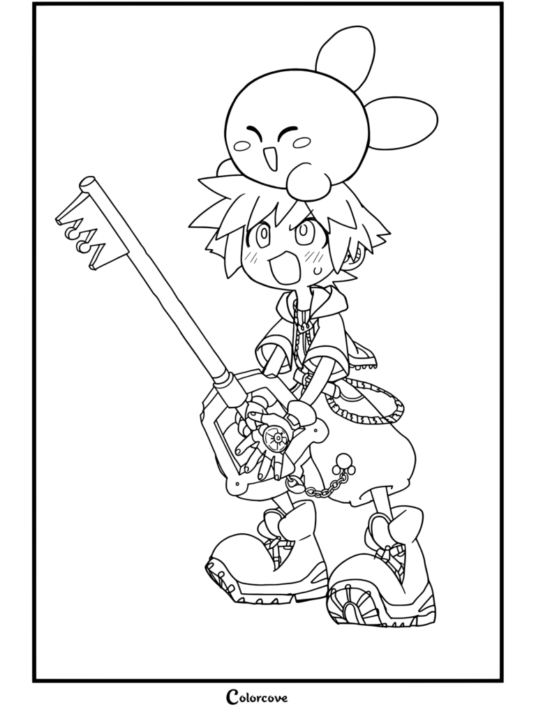 Dibujo para colorear de Sora de Kingdom Hearts sosteniendo una Llave Espada con un Kirby rosa en la cabeza