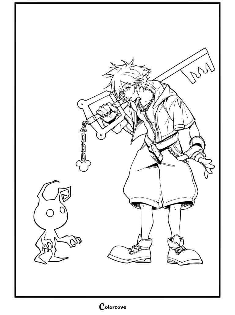 Dibujo para colorear para fans de Kingdom Hearts con Sora sosteniendo la Llave Espada Cadena del Reino y mirando hacia abajo a un Sincorazón Sombra
