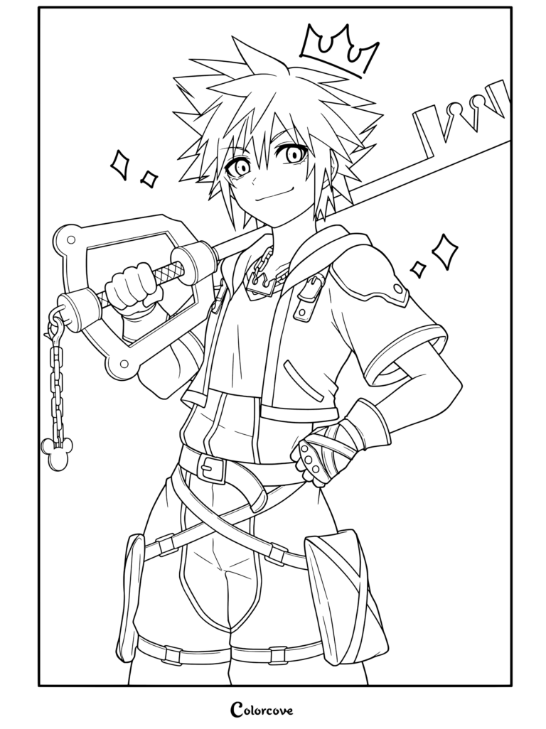 Dibujo para colorear de Sora sosteniendo la Llave Espada Cadena del Reino y sonriendo con confianza con el atuendo de Kingdom Hearts 3