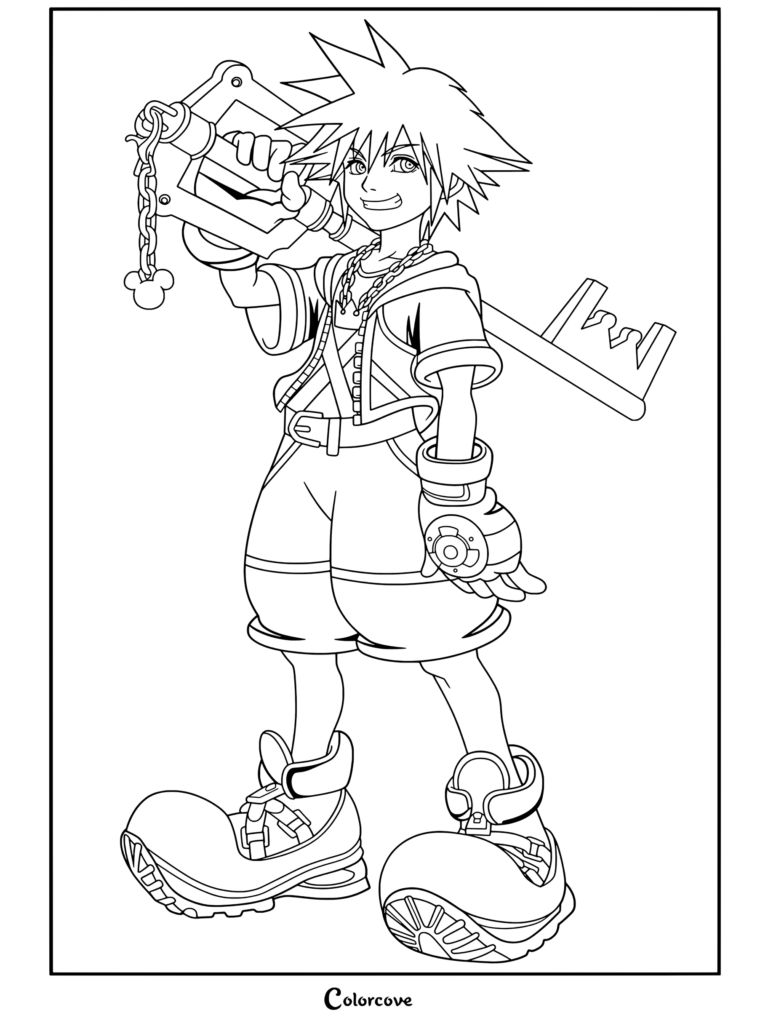 Dibujo para colorear e imprimir de Sora sosteniendo la Llave Espada Cadena del Reino con su atuendo de Kingdom Hearts II.