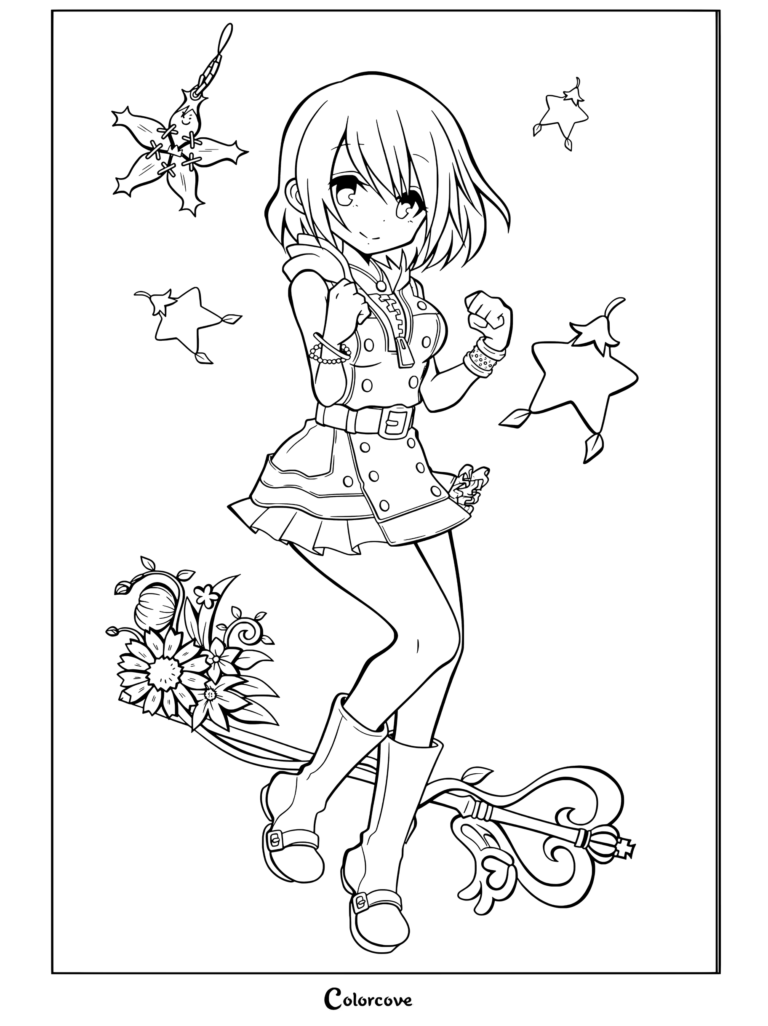 Dibujo para colorear de Kingdom Hearts con Kairi de pie con vestido rosa, botas, flores y Llave Espada