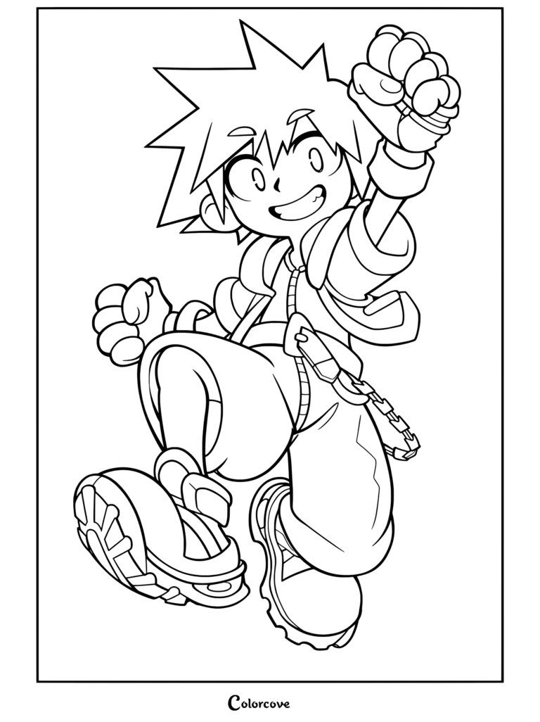 Dibujo para colorear de Sora de Kingdom Hearts saltando con alegría con su pelo erizado, zapatos grandes y una cadena.