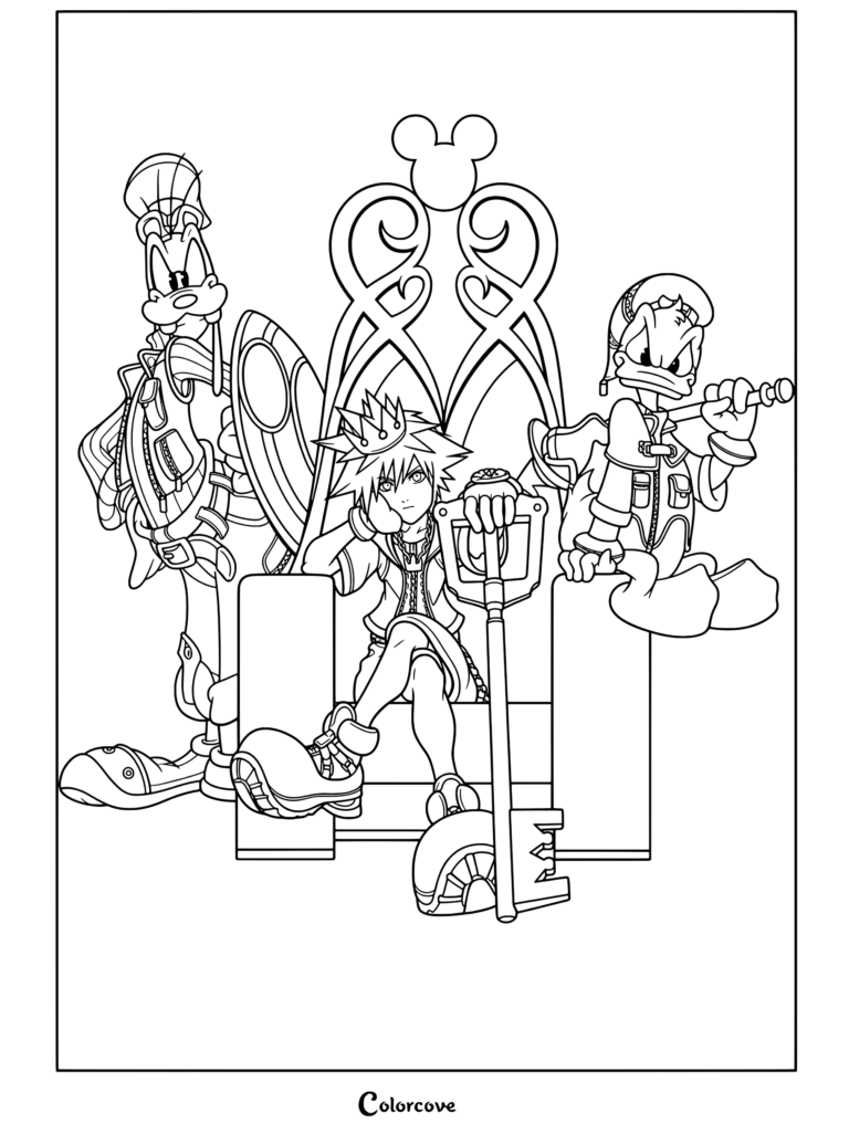 Dibujo para colorear de Kingdom Hearts con Sora con corona sentado en un trono sosteniendo una Llave Espada, flanqueado por Goofy con escudo y el Pato Donald con báculo