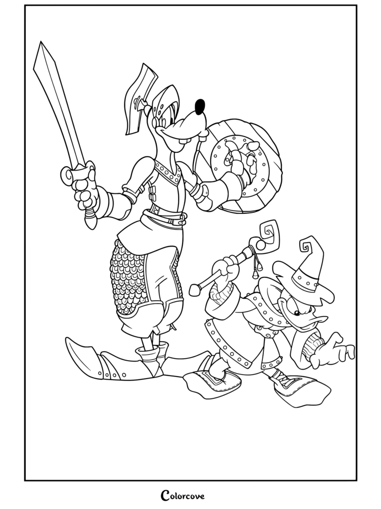 Dibujo para colorear de Kingdom Hearts con el Pato Donald y Goofy con armadura de mago y caballero, listos para la aventura.
