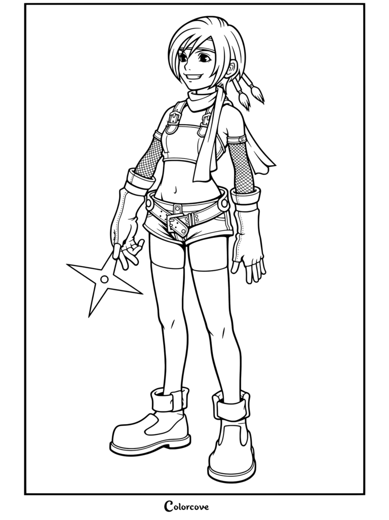 Dibujo para colorear de Kingdom Hearts con Yuffie Kisaragi de pie sosteniendo un shuriken, basado en la ilustración de Final Fantasy VII
