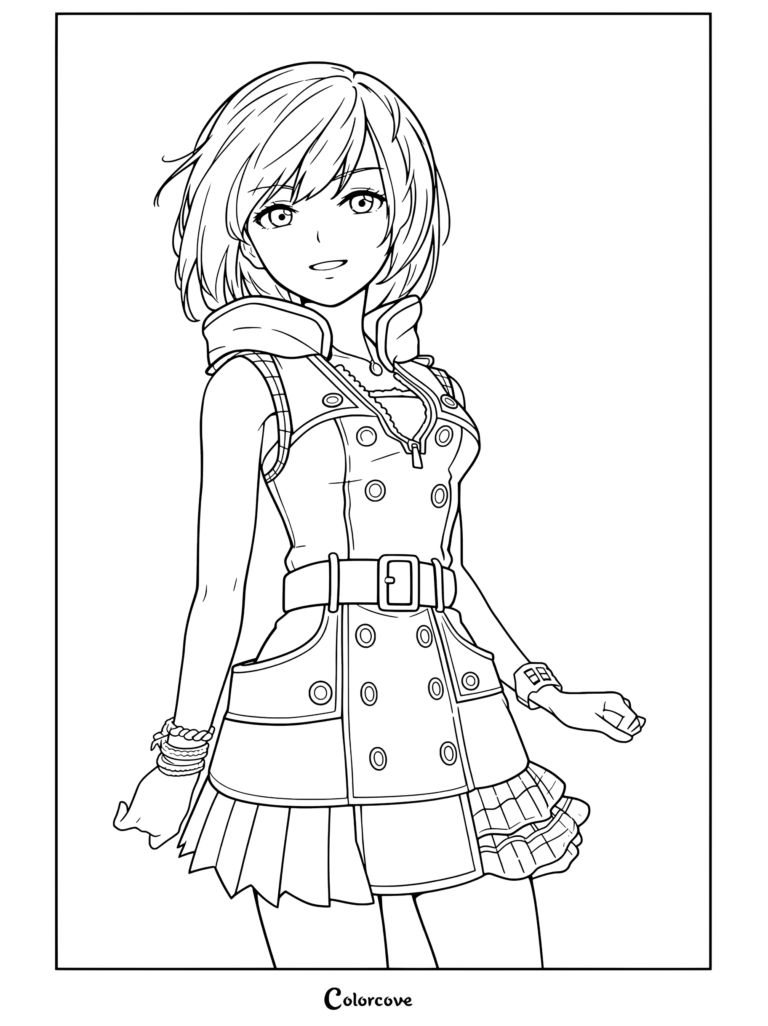 Dibujo para colorear e imprimir de Kairi de Kingdom Hearts 3 sonriendo en Villa Crepúsculo al atardecer con su atuendo rosa y negro.