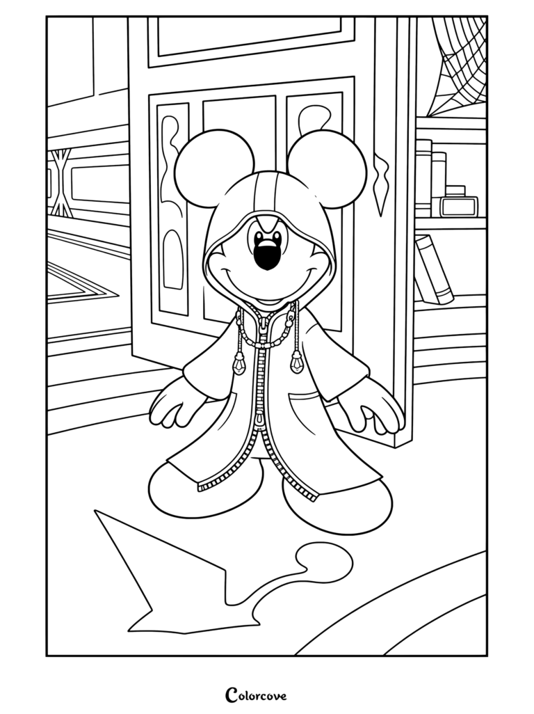 Dibujo para colorear de Kingdom Hearts con el Rey Mickey vistiendo el abrigo negro de la Organización XIII de pie dentro del Castillo del Olvido.