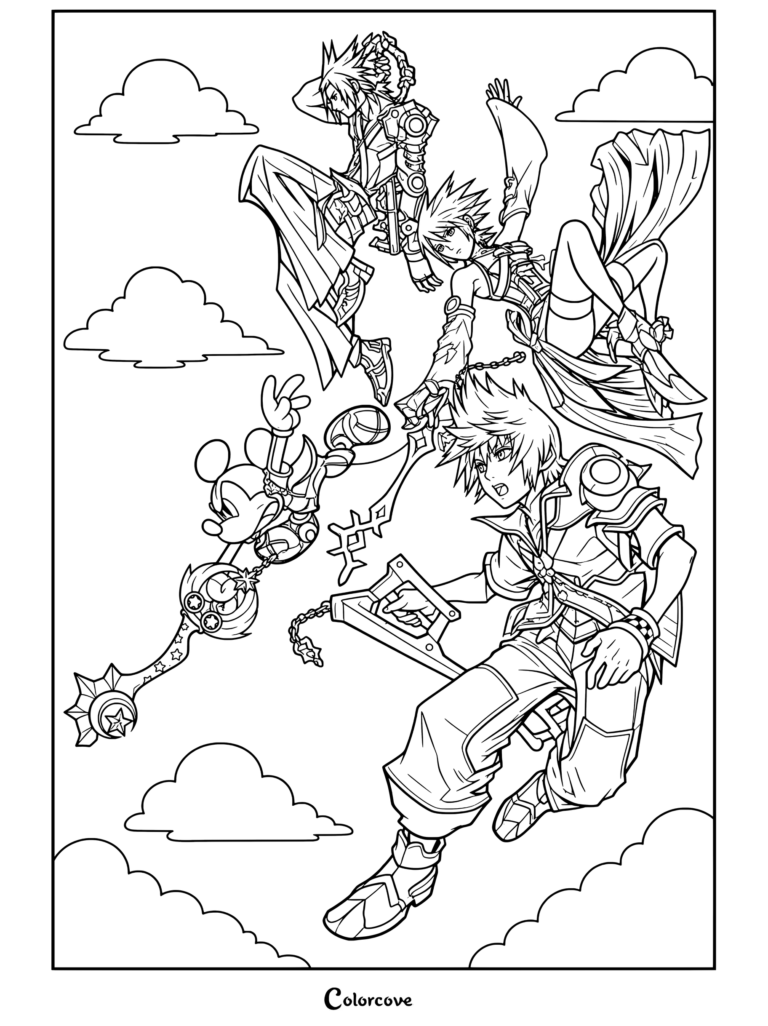 Dibujo para colorear de Kingdom Hearts con Terra, Aqua, Ventus y el Rey Mickey en una pose de acción entre las nubes.