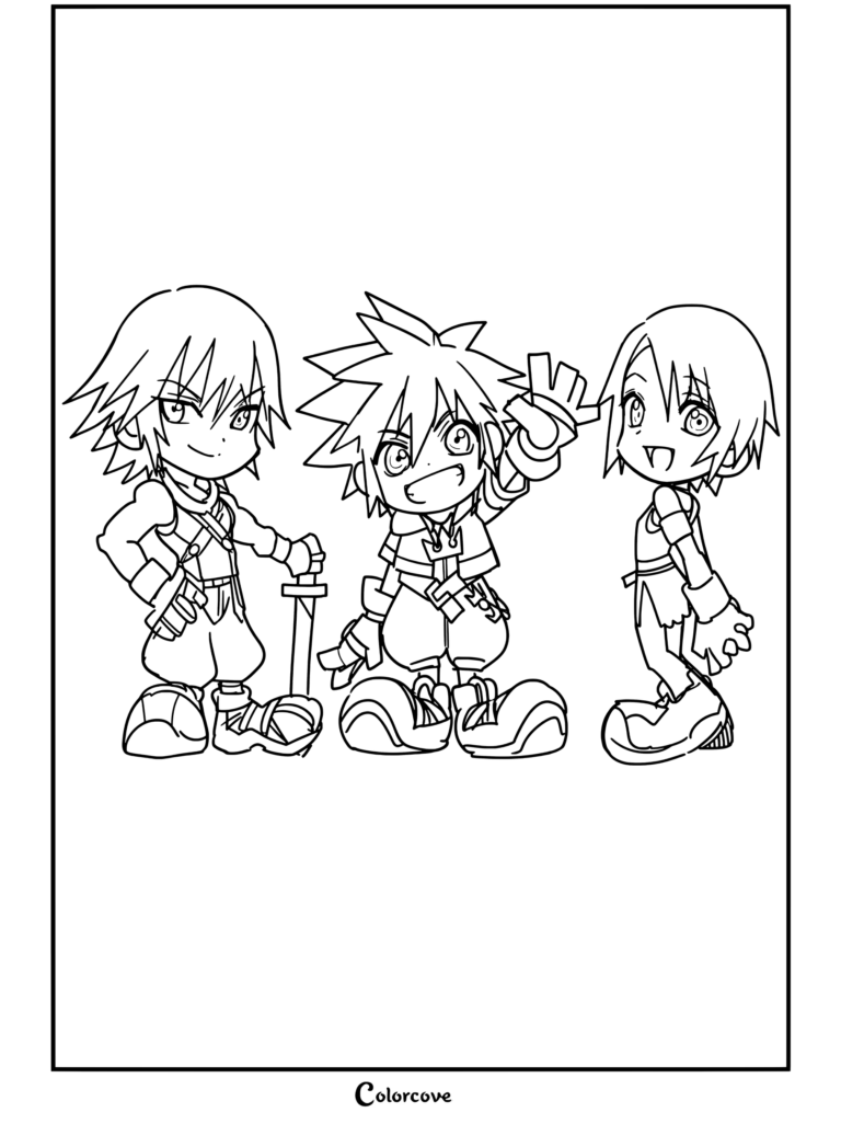 Dibujo para colorear de Kingdom Hearts estilo chibi con Riku, Sora y Kairi posando juntos