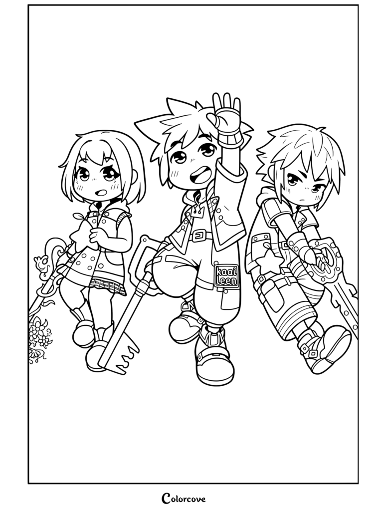 Dibujo para colorear de Kingdom Hearts con una versión chibi del trío de Kairi, Sora y Riku sosteniendo Llaves Espada y una Fruta Paopu.