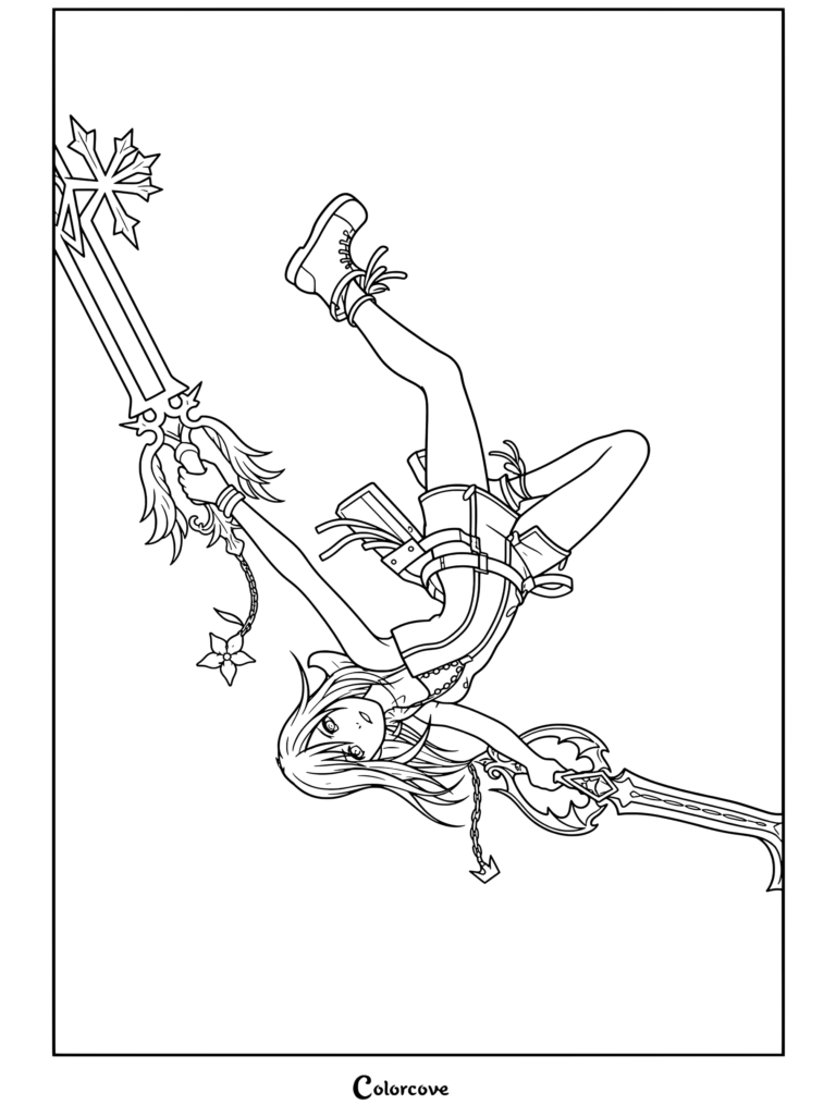 Dibujo para colorear de Kingdom Hearts con Kairi cayendo boca abajo frente a la luna llena sosteniendo Llaves Espada