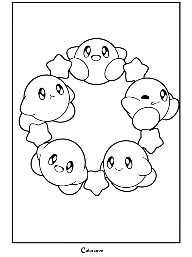 Dibujo para colorear e imprimir con cinco coloridos Kirbys dispuestos en círculo, tomados de la mano y sosteniendo pequeñas estrellas amarillas.