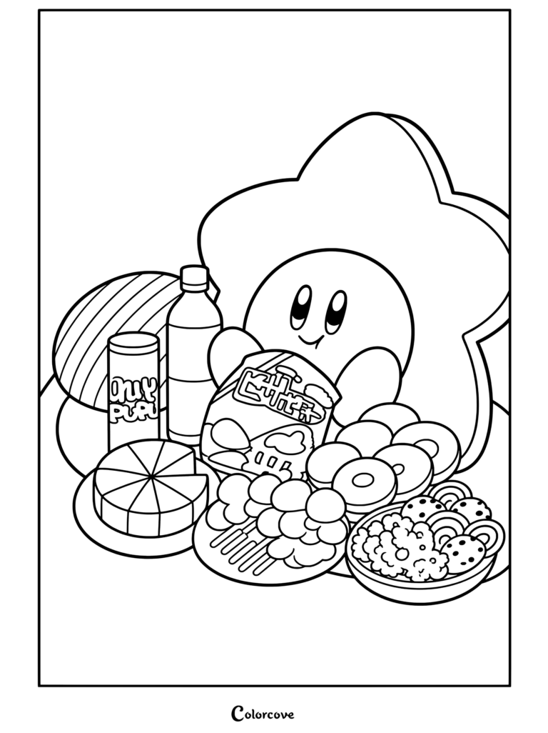 Dibujo para colorear de Kirby comiendo aperitivos y comida rápida sentado en una silla con forma de estrella
