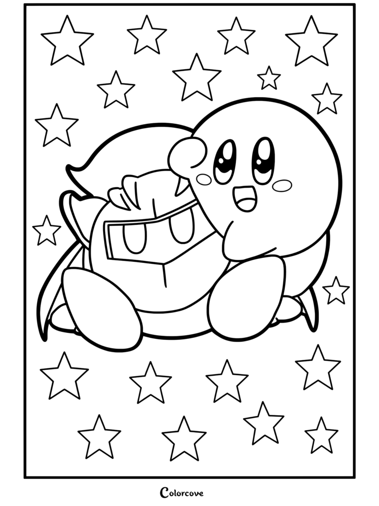 Dibujo para colorear infantil de Kirby abrazando alegremente a Meta Knight sobre un fondo de estrellas rosas.
