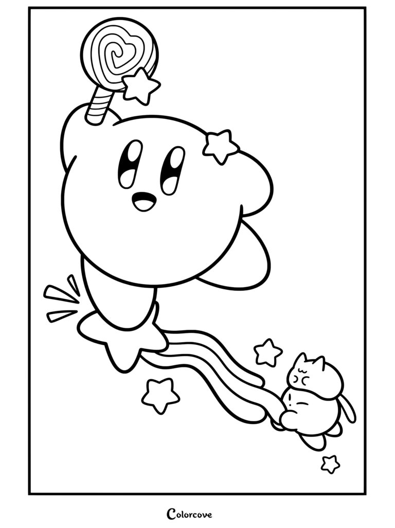 Dibujo para colorear de Kirby sosteniendo una piruleta y montando una estrella fugaz con estela de arcoíris junto a un pequeño compañero.