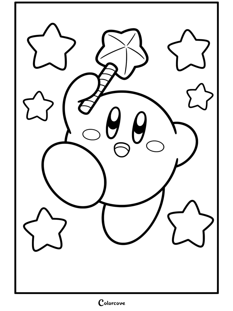 Dibujo para colorear para niños y fans de Kirby sosteniendo una varita estelar rodeado de coloridas estrellas flotantes.