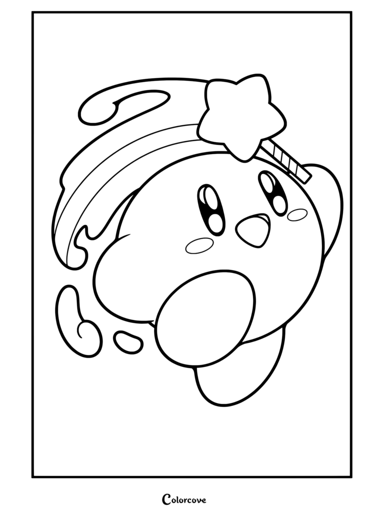Dibujo para colorear de Kirby volando alegremente mientras sostiene una varita estelar con una cinta ondeante de arcoíris.