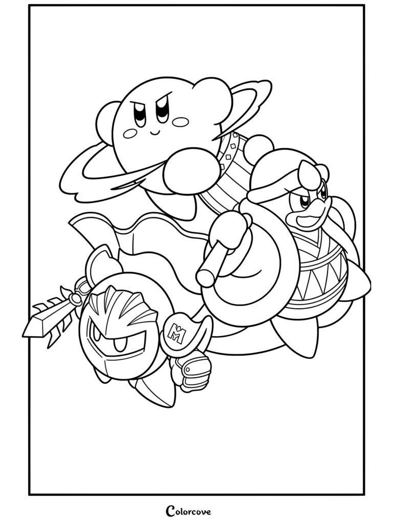 Dibujo para colorear de Kirby, Meta Knight y el Rey Dedede posando juntos en una ilustración de Super Smash Bros.