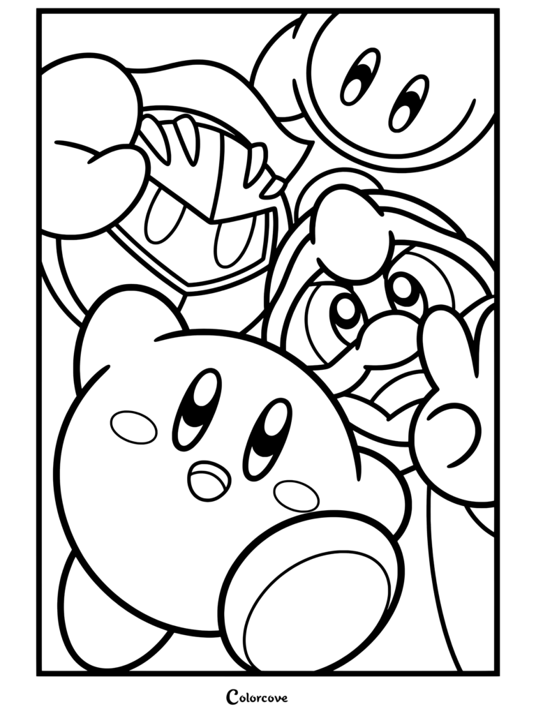 Dibujo para colorear e imprimir de Kirby con un selfie grupal de Kirby, Meta Knight, el Rey Dedede y Waddle Dee.
