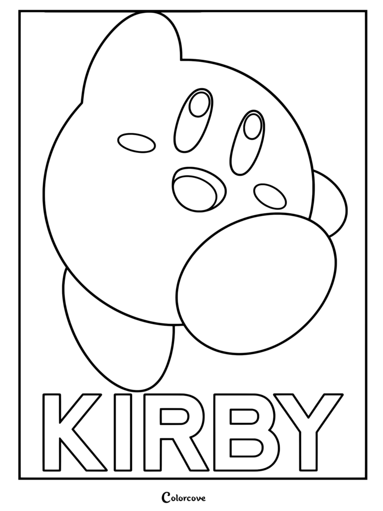 Dibujo para colorear de Kirby con un diseño artístico de parodia del cartel Hope de Obama con letras gruesas abajo.