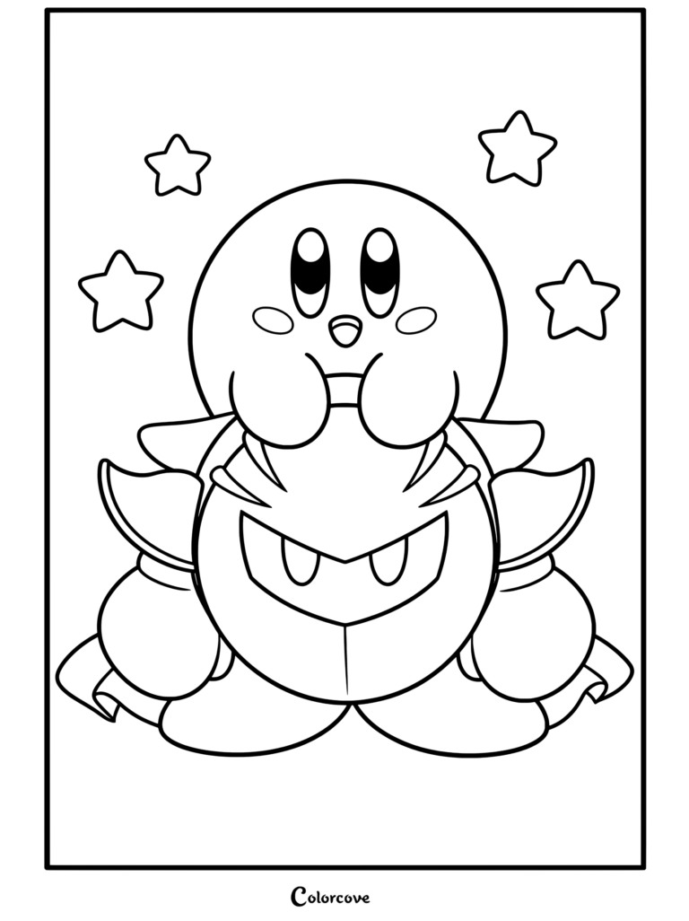 Dibujo para colorear de Kirby descansando sobre la cabeza de Meta Knight mientras este viste su máscara y armadura, rodeados por cuatro estrellas.