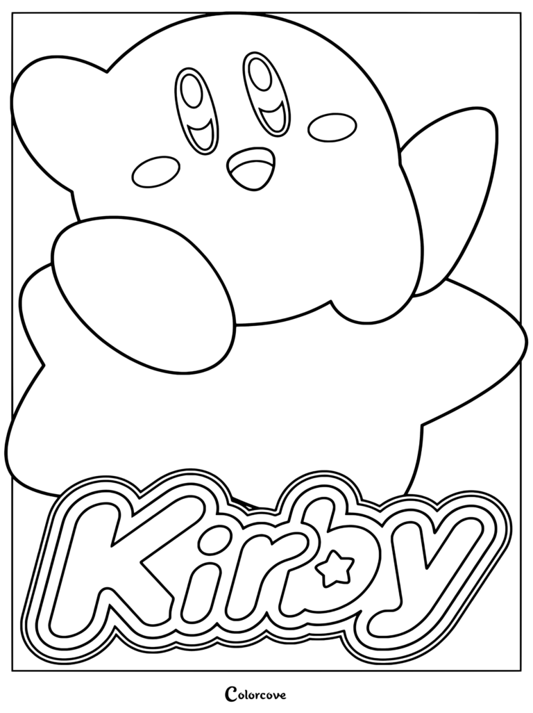 Dibujo para colorear de Kirby montado en una Estrella Remolque sonriendo felizmente con el logotipo debajo.