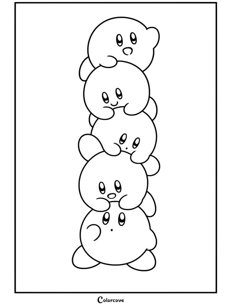 Dibujo para colorear de Kirby con cinco coloridos Kirbys apilados verticalmente en una torre.
