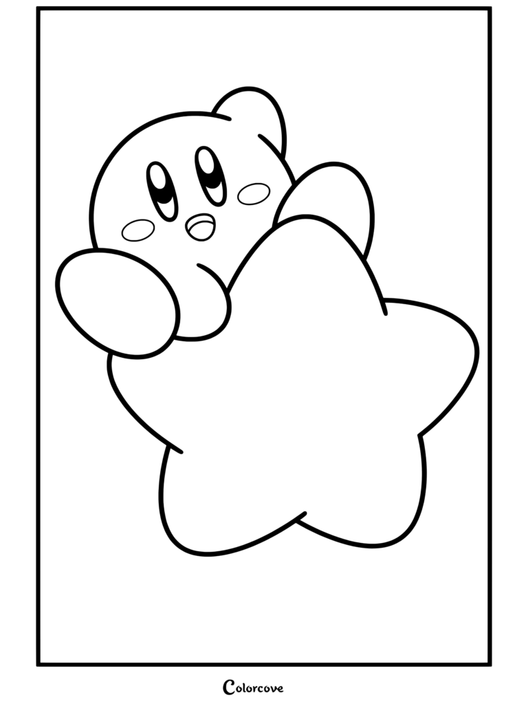 Dibujo para colorear de Kirby montando en una Estrella Remolque mientras vuela por el aire.