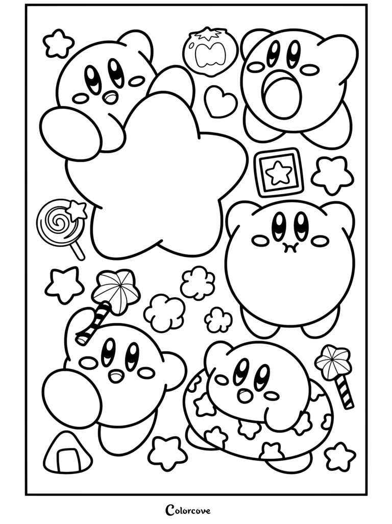 Dibujo para colorear de una lámina con varios Kirby expresando diferentes emociones, rodeados de estrellas, dulces, nubes y comida