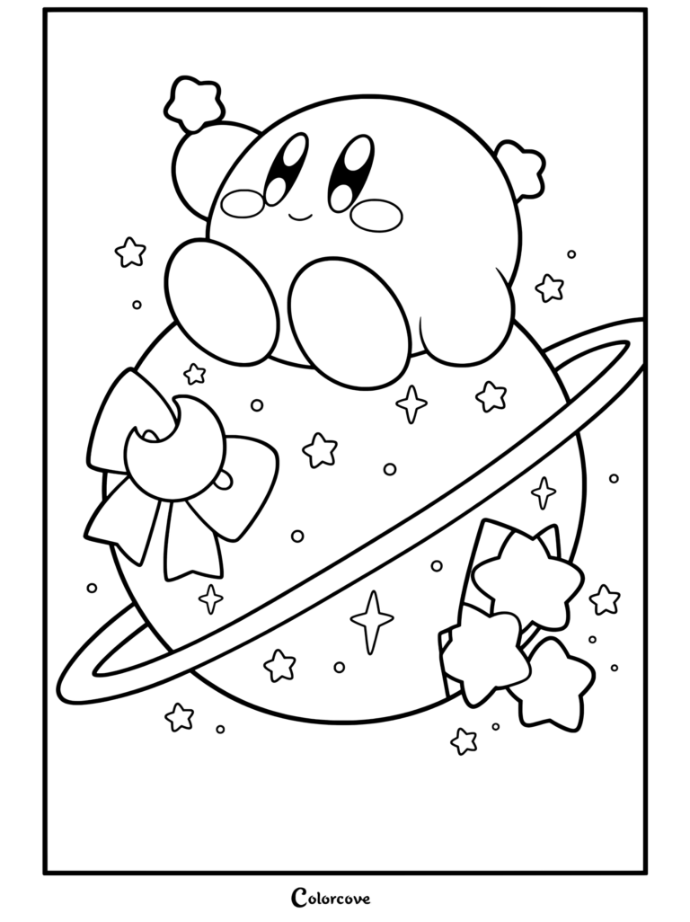 Dibujo para colorear de estética pastel con Kirby sentado en un planeta morado con anillos y estrellas mientras sostiene una varita estelar.