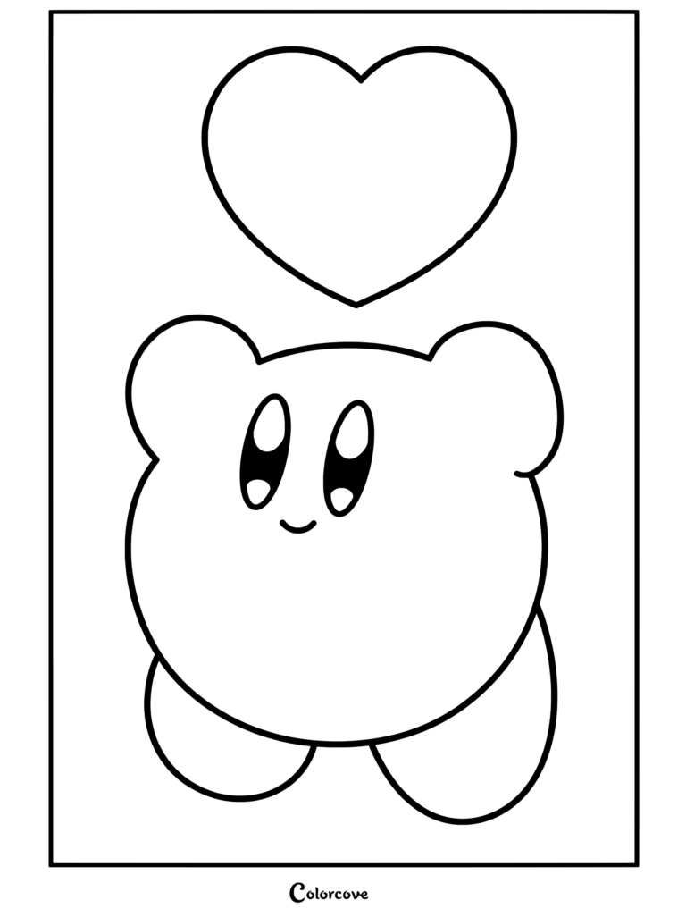 Dibujo para colorear de Kirby sonriendo alegremente con un corazón rosa flotando sobre su cabeza.