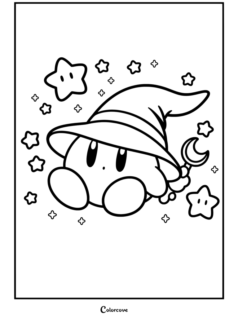 Dibujo para colorear e imprimir de Kirby con un sombrero de mago morado con estrellas y una varita de luna, rodeado de estrellas amarillas flotantes.