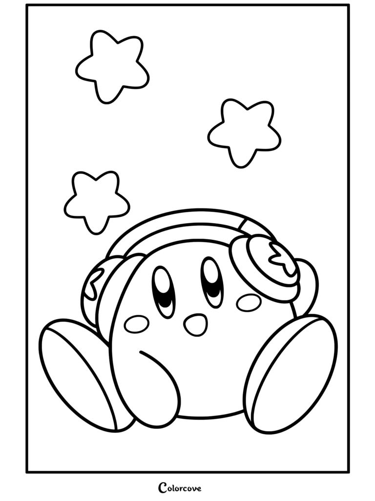 Dibujo para colorear e imprimir gratis de Kirby con auriculares y tres estrellas flotando arriba.