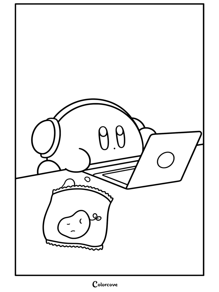 Dibujo para colorear de Kirby con auriculares trabajando en un portátil con una bolsa de patatas fritas sobre la mesa.
