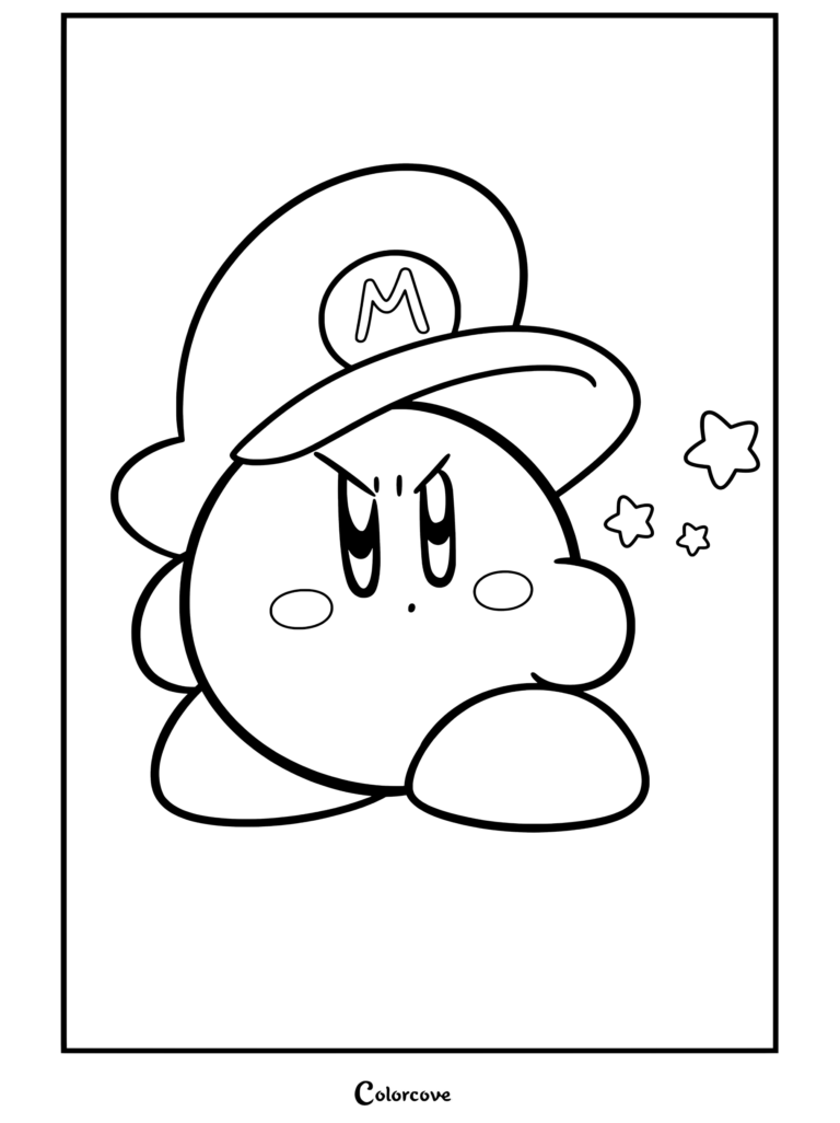 Dibujo para colorear de Kirby con la gorra de Mario y gesto enfadado, con pequeñas estrellas flotando cerca.