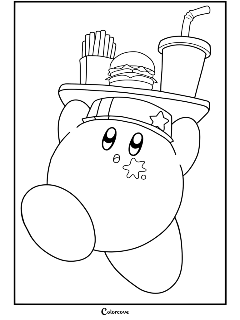 Dibujo para colorear de Kirby con una visera de restaurante y llevando una bandeja con una hamburguesa, patatas fritas y bebida.