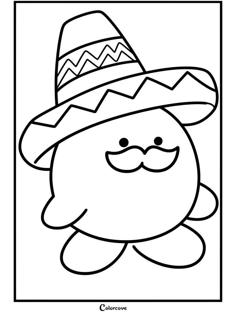 Dibujo para colorear de Kirby llevando un sombrero tradicional y un gran bigote.