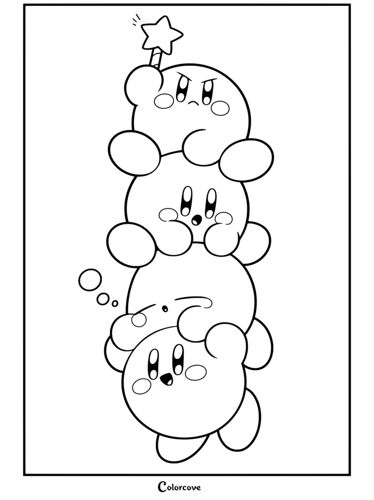 Dibujo para colorear de Kirby con cuatro personajes apilados sosteniendo una Vara de las Estrellas con expresiones de sorpresa y de sueño.