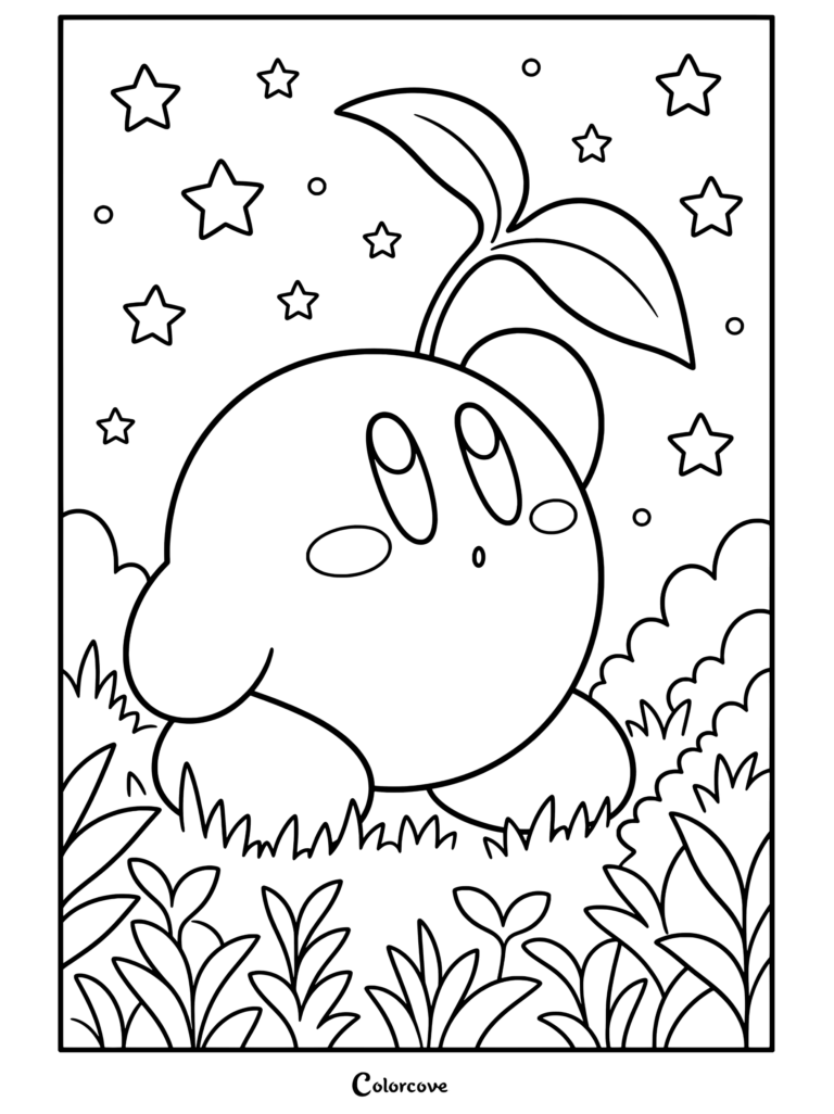 Dibujo para colorear e imprimir de Kirby con un brote en la cabeza en un bosque soleado.
