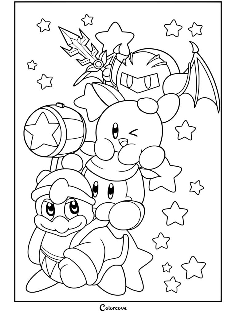 Dibujo para colorear de Meta Knight sosteniendo su espada, situado sobre Kirby, Waddle Dee y el Rey Dedede con su martillo, rodeados de estrellas.