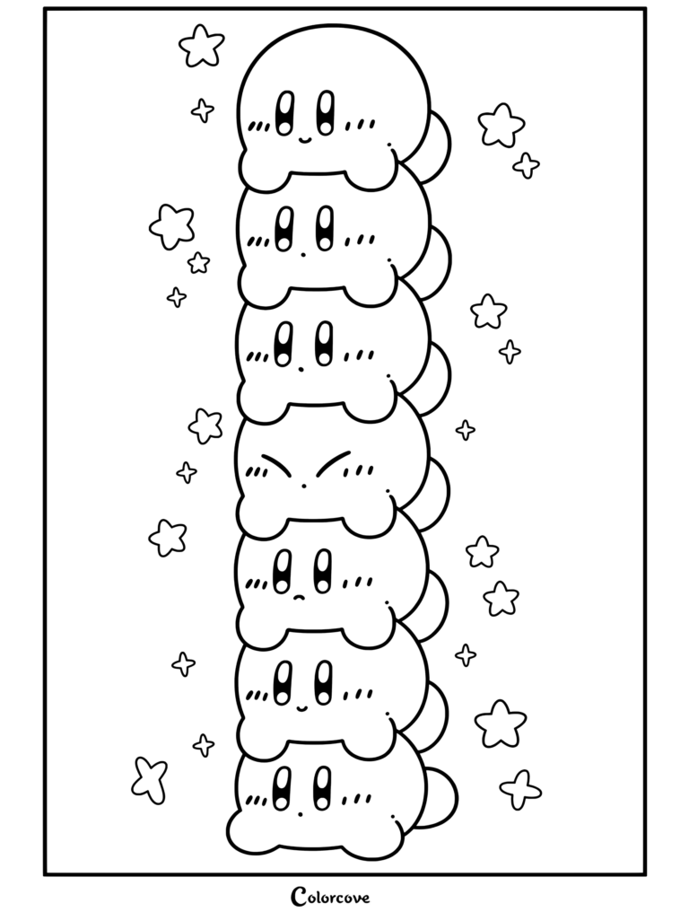 Dibujo para colorear e imprimir con siete personajes de Kirby en tonos pastel apilados verticalmente en orden arcoíris, rodeados de adorables estrellas.