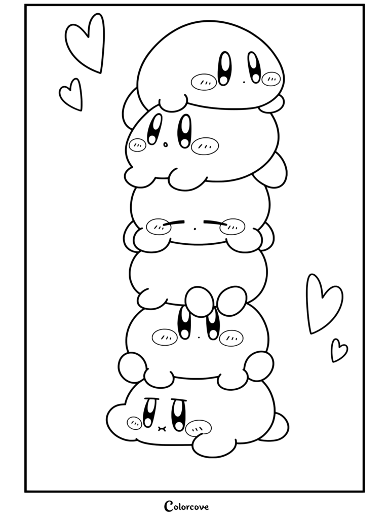 Dibujo para colorear de Kirby con seis personajes regordetes apilados con varias expresiones frente a un fondo con corazones.