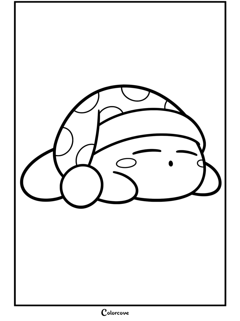 Dibujo para colorear e imprimir de Kirby durmiendo con un gorro de dormir verde de lunares y un pompón rojo.
