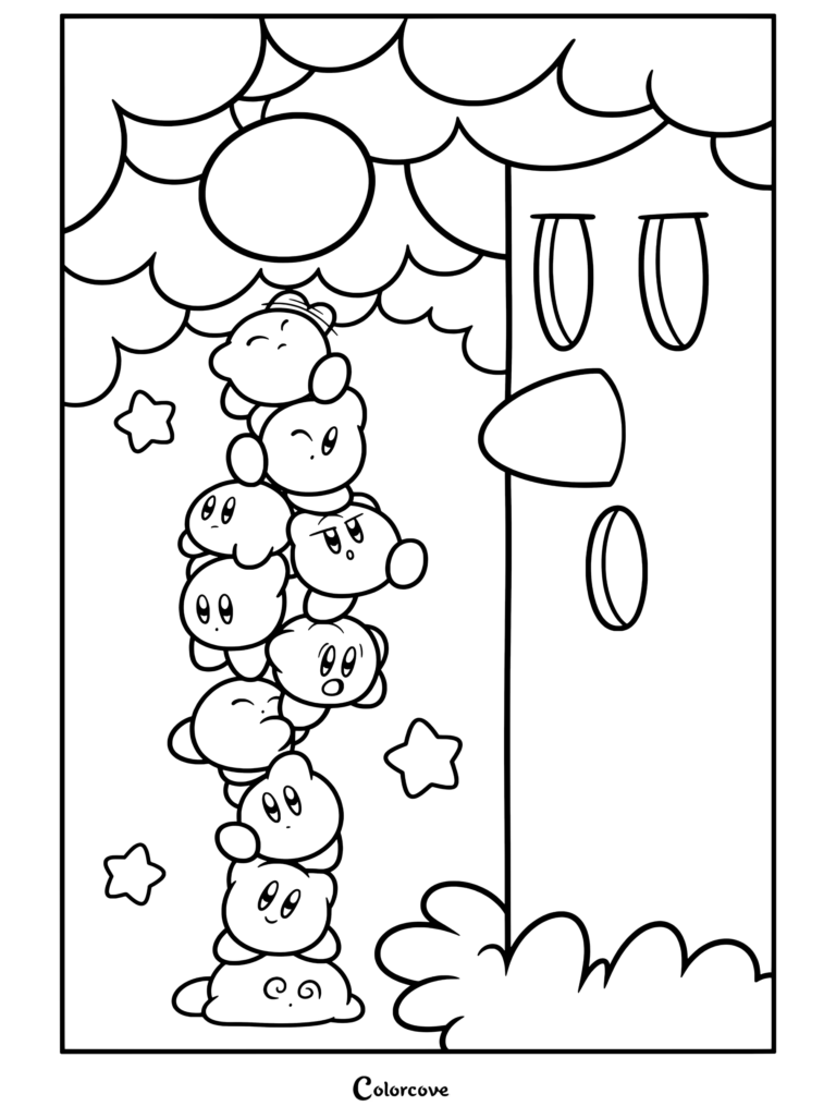 Dibujo para colorear de Kirby con una torre de coloridos Kirbys trepando por el tronco de Whispy Woods para alcanzar una manzana.