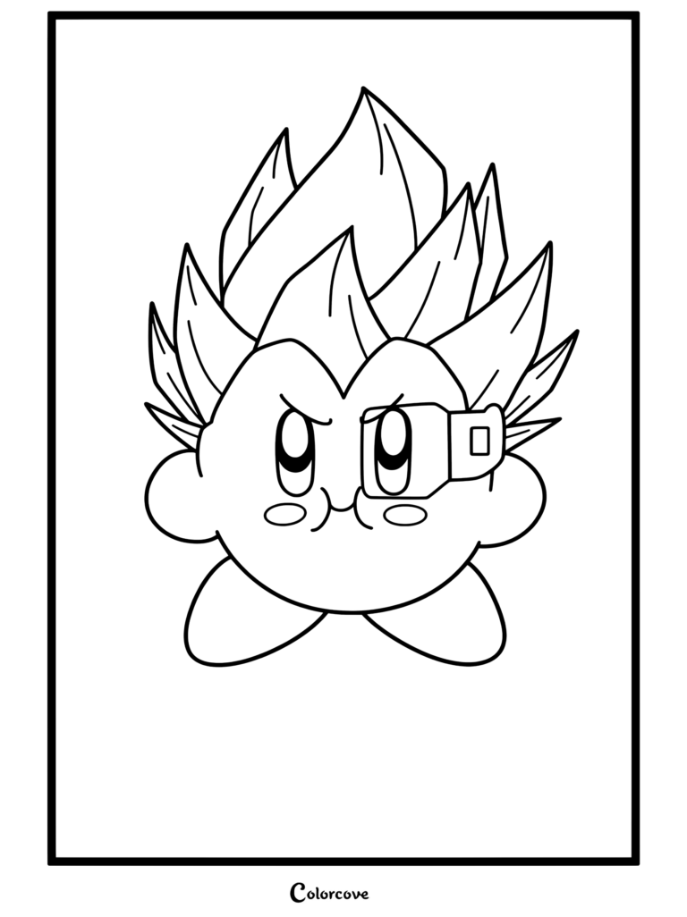 Dibujo para colorear de Kirby Super Saiyan con rastreador Scouter de Dragon Ball Z.